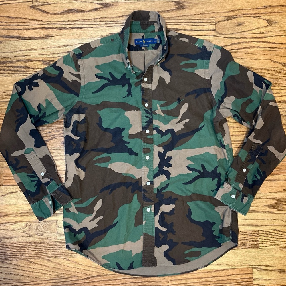 Polo Ralph Lauren Shirt Mens Medium Green Woodland Camo Long Sleeve Classic Fit